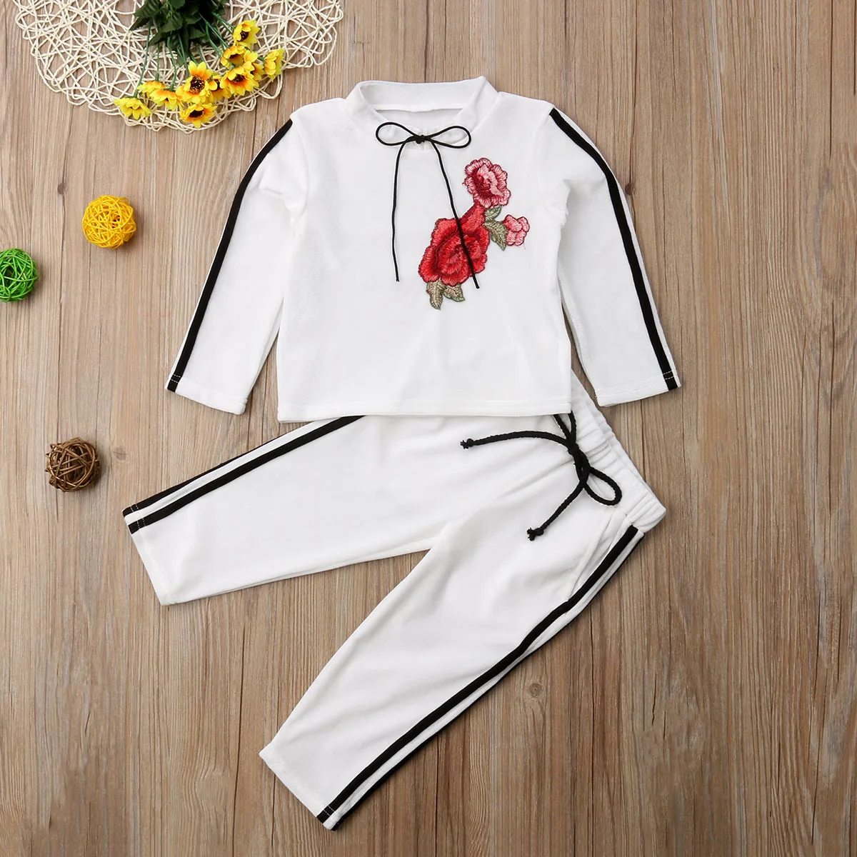 2 предмета пуловер в цветочек с вышивкой для маленьких девочек топы длинные штаны