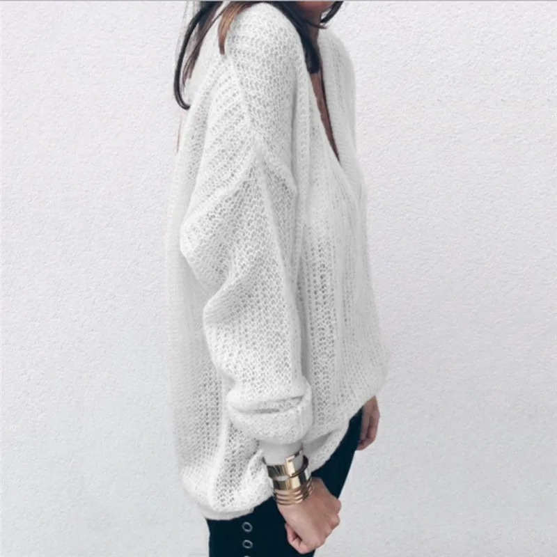 S-5XL Women V-Neck Knitted Sweater 2018 Autumn Thin Solid Long Sleeve Loose Jumper Tops Oversize Pullover Casual Sweaters | Женская