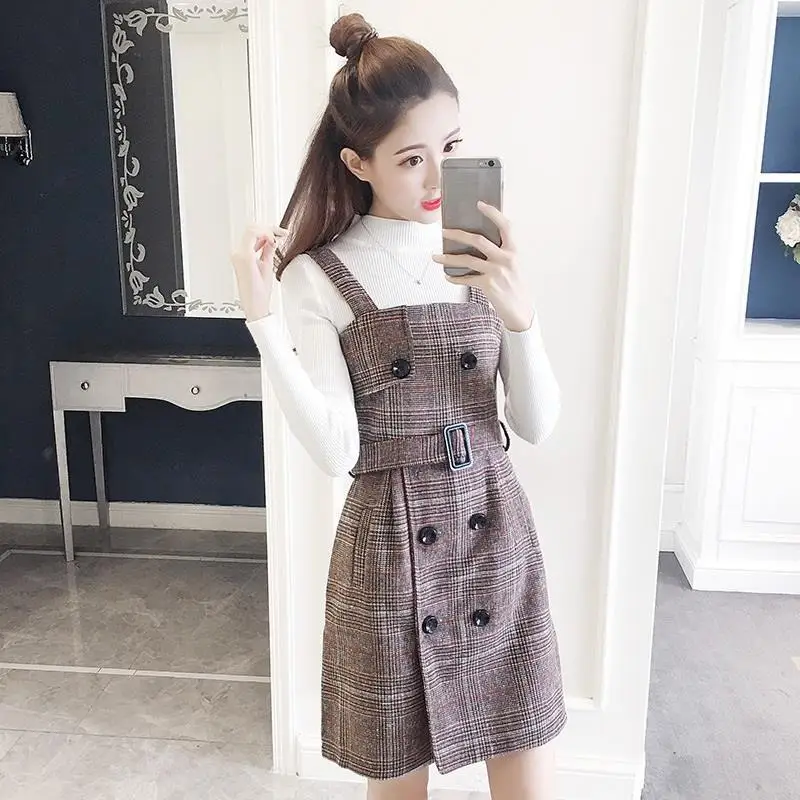 Подтяжки в клетку Roupa Invierno женские корейские с открытыми плечами пуловер
