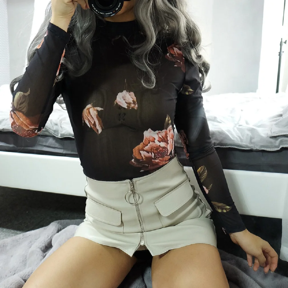 Модный сетчатый топ с длинным рукавом женские прозрачные тонкие топы цветочным