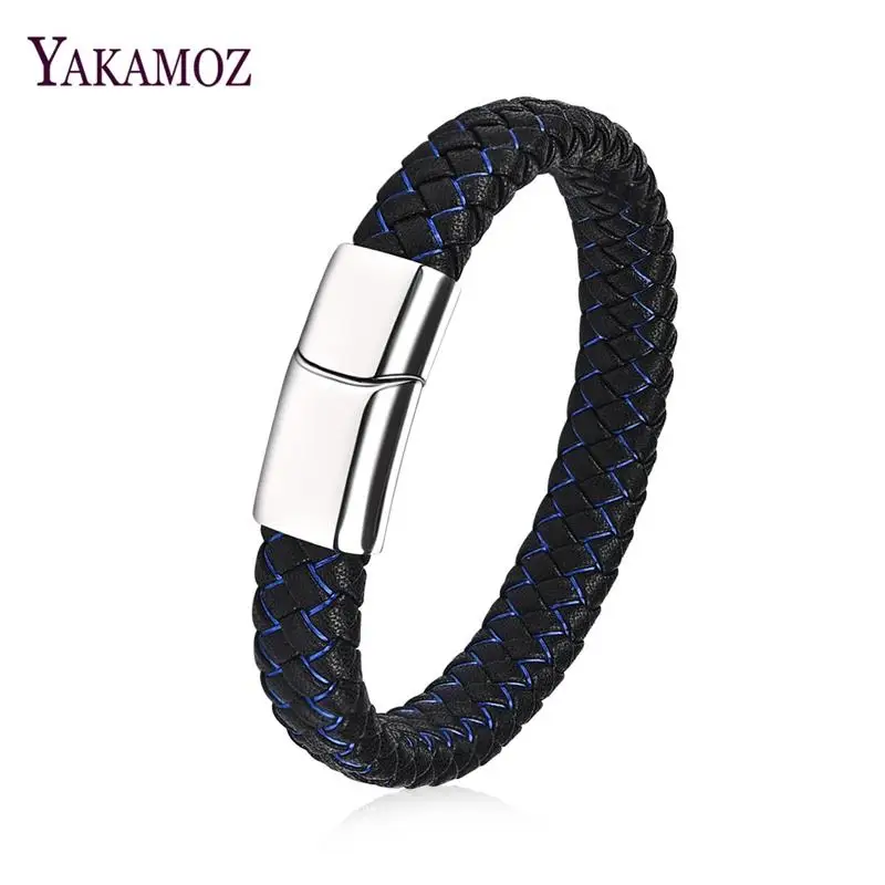 YAKAMOZ Male Jewelry Braided Leather Bracelet Stainless Steel Magnetic Clasp Punk Bangle Black Blue Fashion Bangles Men Gifts | Украшения и