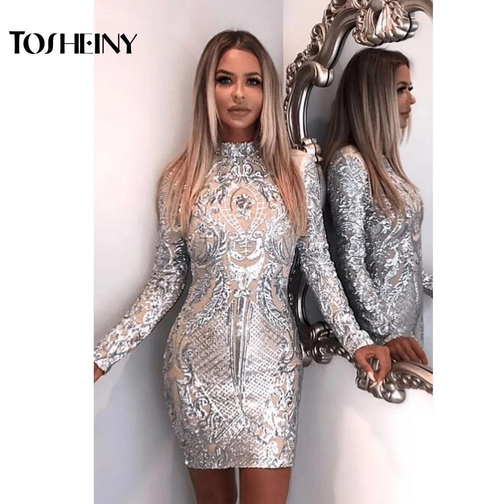 Tosheiny 2019 Для женщин пикантные с высоким воротом и длинными рукавами платья