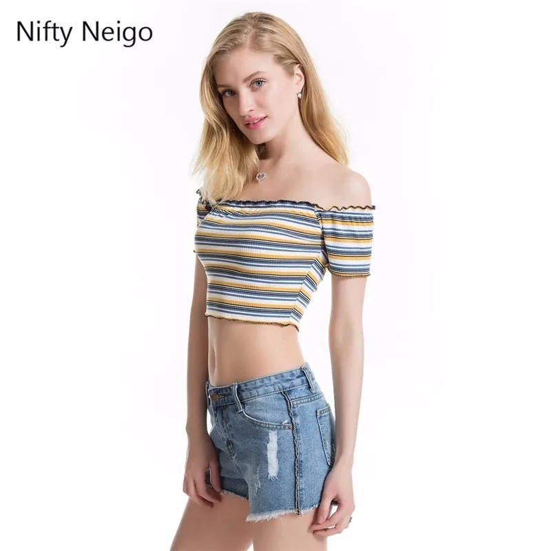 Nifty Neigo Сексуальная Женская Полосатая Футболка трикотажные короткие топы Летняя