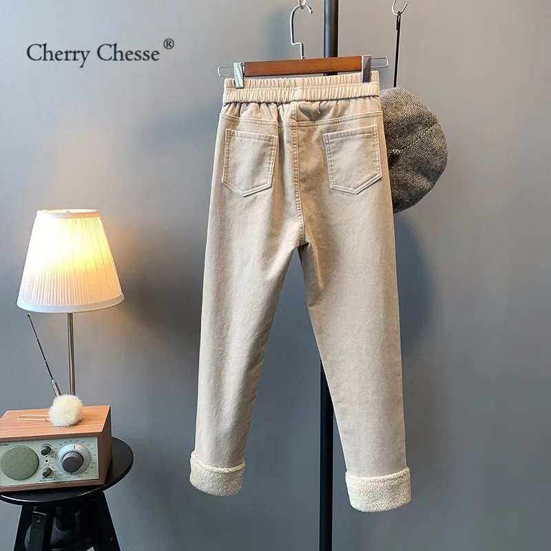 Cherry Chesse Винтаж Для женщин зимние вельветовые брюки эластичный пояс флисовые