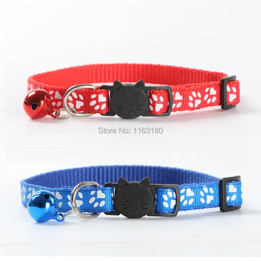 72pcs/lot Safety Nylon Dog Puppy Cat Collar Breakaway Adjustable Cats Collars with Bell and Bling Paw Printing Pet Supplies | Дом и сад