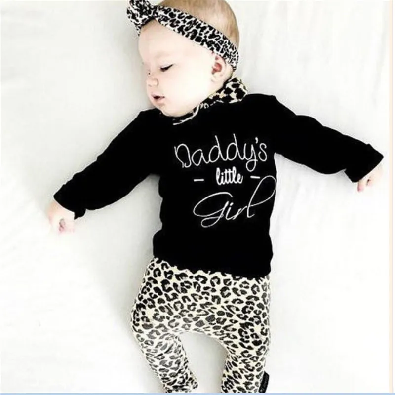 pudcoco Baby Girls Clothes set Cotton Newborn daddy letter T-shirt Top Leopard Pants bebe girl Outfits Clothing Sets | Мать и ребенок