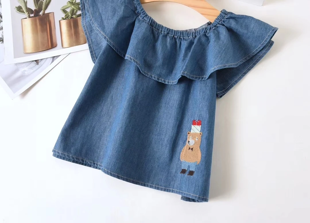 Оптовая продажа джинсовая рубашка с оборками для девочек Топ детская хлопковая