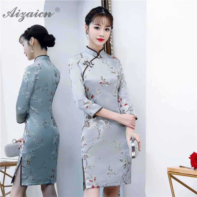 Зима Cheongsam Katoen девушка с длинным рукавом в китайском стиле Стиль платье Ципао из
