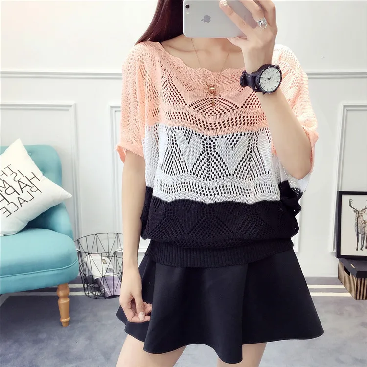 2019 New Women Fashion Short Sleeve Striped Pullovers Sweaters Summer Casual Hollow Out Loose Thin Sweater | Женская одежда