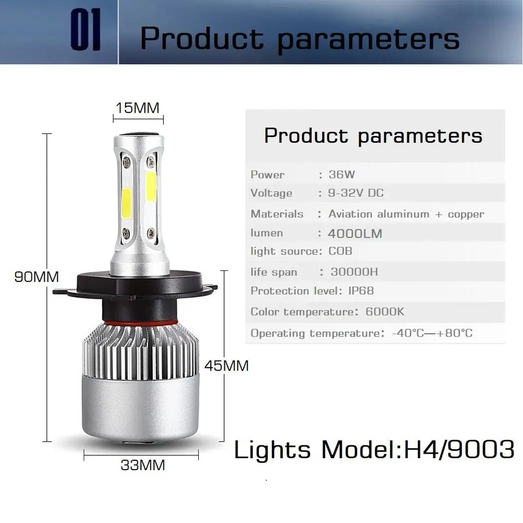 H4 9003 HB2 Авто 6000K мощный Plug and Play COB светодиодный-40 ~ + 80 градусов по Цельсию