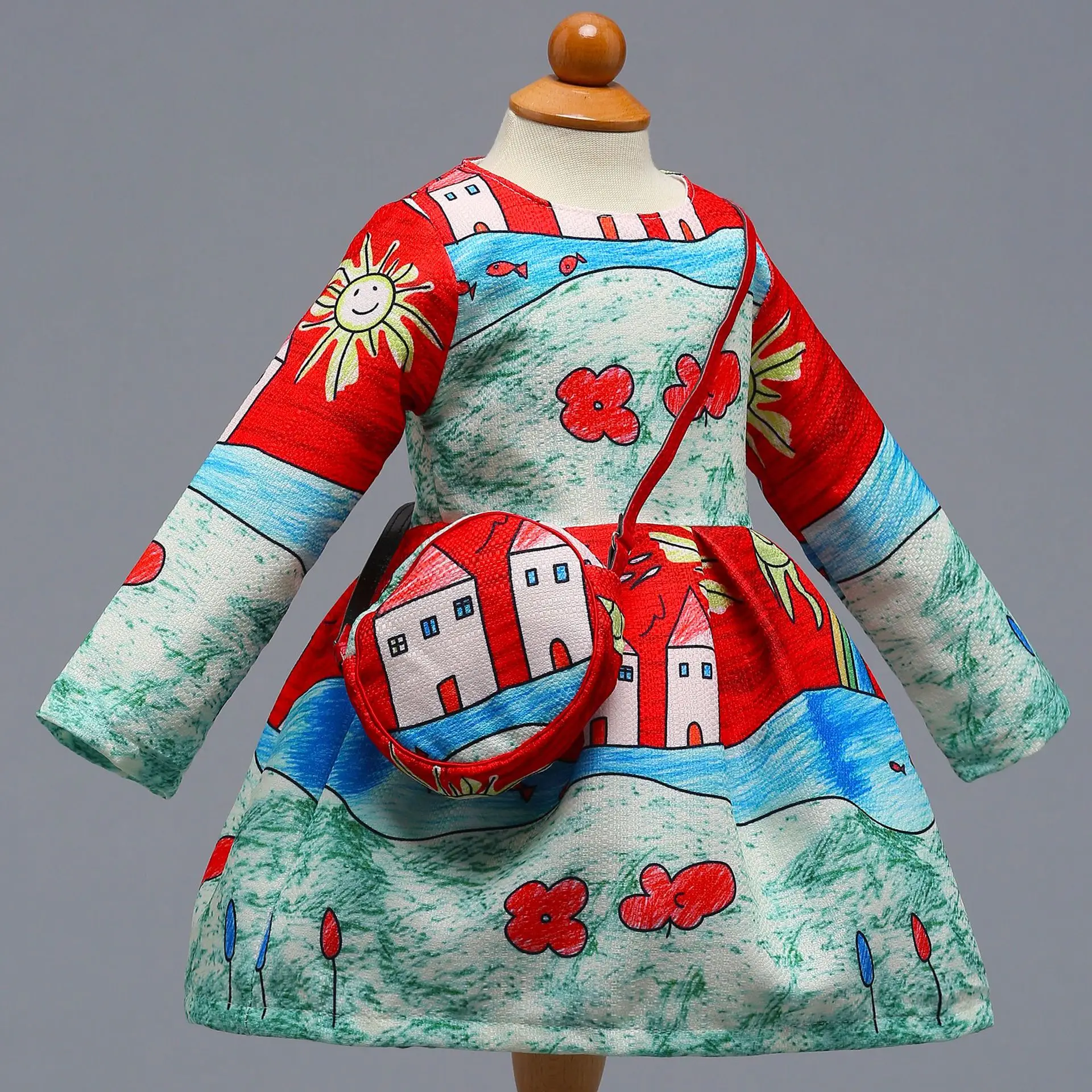 

2019 Spring Girls Dress Jacquard Fabric Petals Dress Children Printing Princess Dresses with Bag 9 Style 2-7 Years