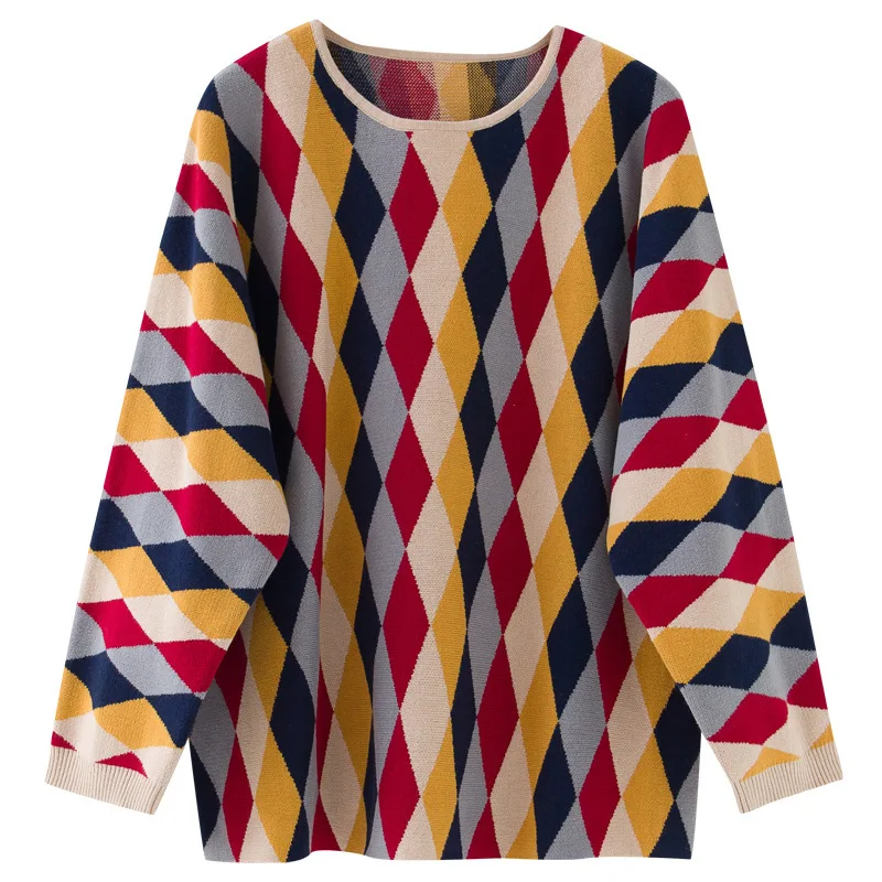 Cherry Chesse Harajuku Vintage Geometric Plaid Sweater Long Sleeve O Neck Pullovers Women Autumn Casual Knitted | Женская одежда