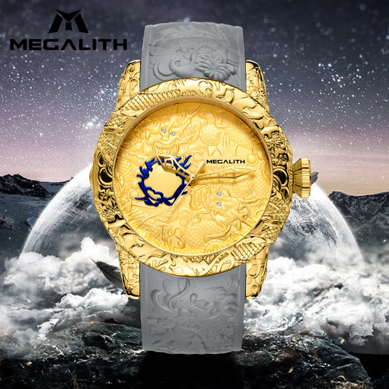 MEGALITH модные мужские часы Топ люксовый бренд золотой дракон скульптура для мужчин