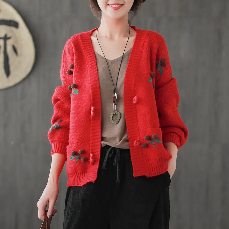 Women's Beige/Red Knitted Cotton Fruit Embroidery Mori Girl Loose Cardigan Sweater |