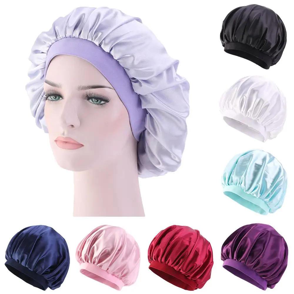 

Satin Women Bonnet Turban Night Sleep Cap Arab Hair Loss Hat Head Cover Islamic Wide Band Elastic Hats Nightcap Beanies Muslim