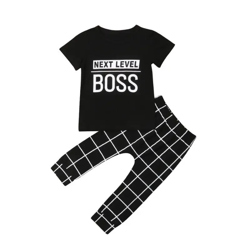1-6Y Toddler Kids Baby Boy Girl Short Sleeve Boss Print Cotton T-shirt Tops Plaid Long Pant 2PCS Outfits Summer Clothes Set | Детская