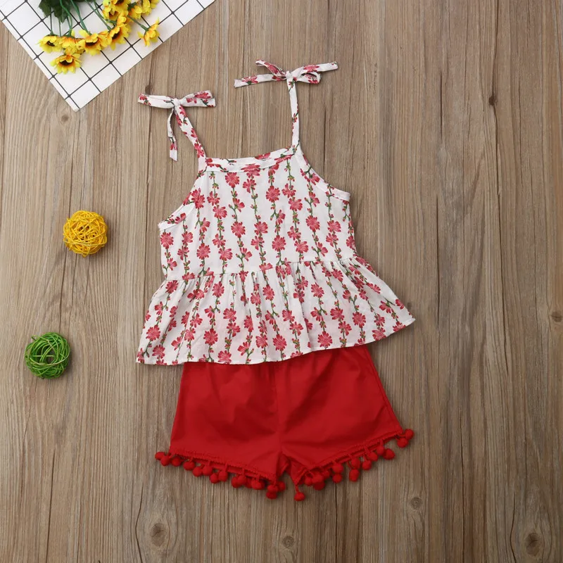 Toddler Kids Baby Bibs Girls Children Clothing Set Cotton Floral Colorful Cute T-shirt Tops+ Solid Red Shorts Outfits 2PCS | Детская