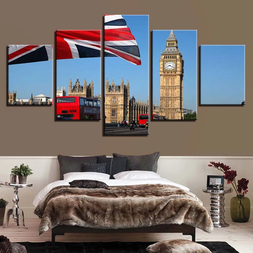 

Canvas Wall Art HD Prints Flag Modular Picture 5 Pieces Big Ben London Classic Red Double Decker Bus Painting Home Decorative