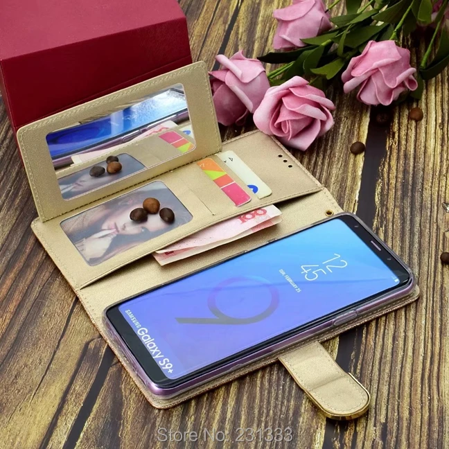 Зеркальный блестящий кожаный чехол кошелек с бриллиантами для Samsung Galaxy S8 PLUS S9 A510