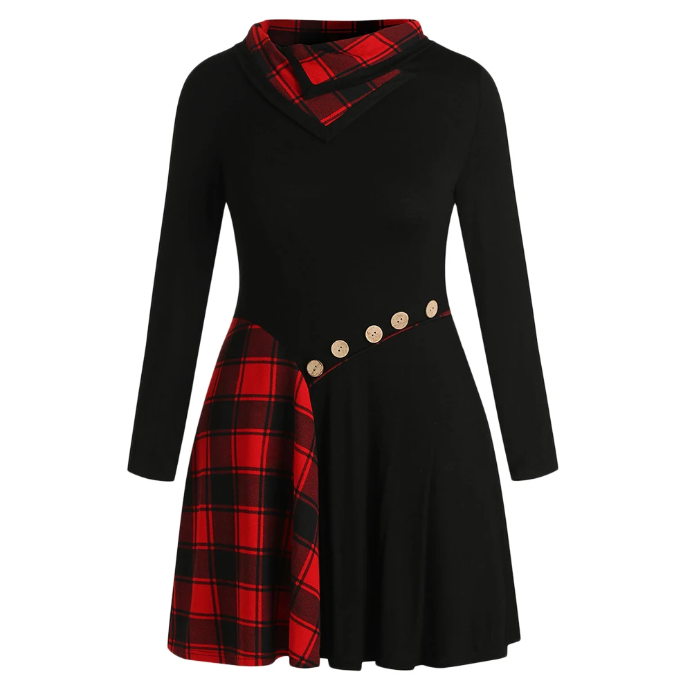 Wipalo Plus Size Dress Women Plaid Patchwork Buttons Checked Knee Length Fall Spring Long Sleeves A-Line Vestidos | Женская одежда