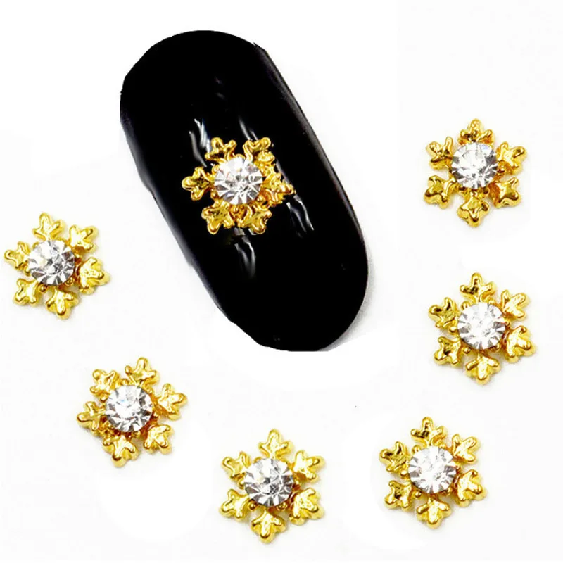 

10 Pcs Gold Snowflake Nail Art Decorations 3d Charms Metal Jewelry Blingbling Manicure Ab Crystals Winter Christmas Rhinestones