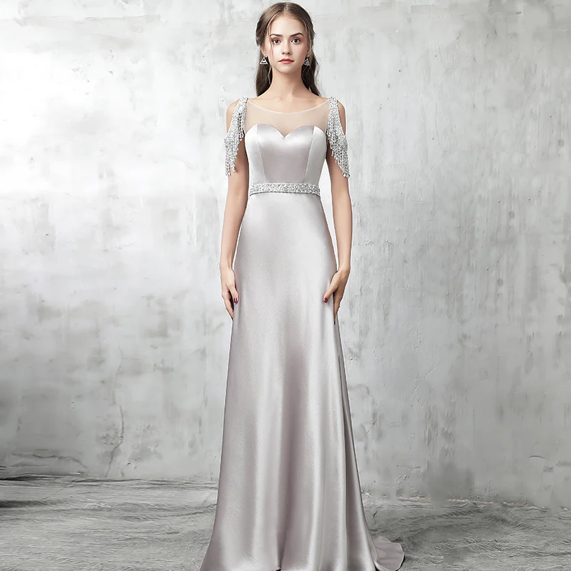 Женское вечернее платье Vivian's Bridal серебристое длинное с блестками и кисточками