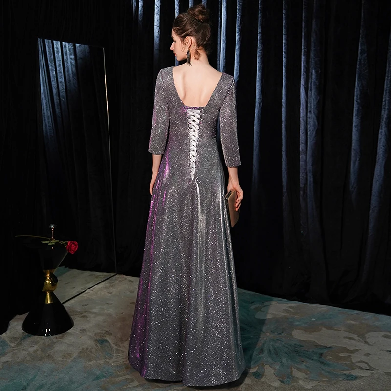 Женское вечернее платье He's Bride серебристо-серое с v-образным вырезом и рукавами