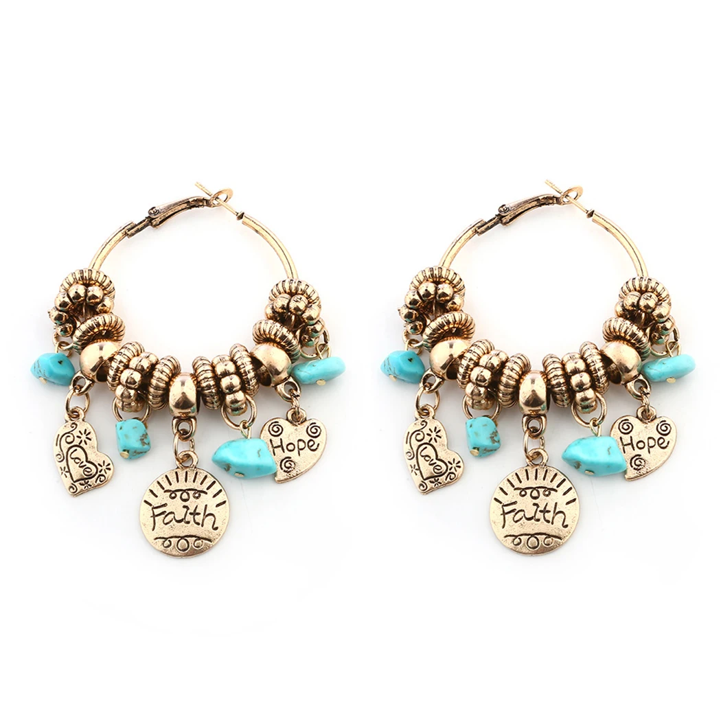 Women's Earrings Vintage Ear Hoops Turquoises Charm Pendant Bohimian Gold Color Oval Design | Украшения и аксессуары