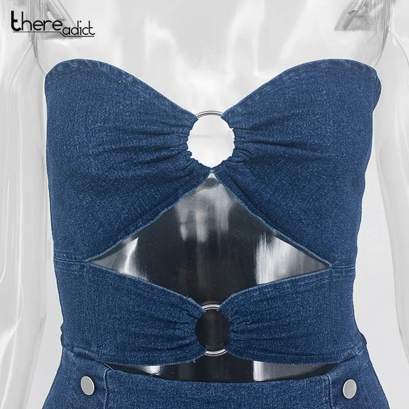 2019 Strapless Hollow Out Tube Dress Summer Bodycon Blue Denim Mini Ring Split Sexy Party Dresses Women Vestidos | Женская одежда
