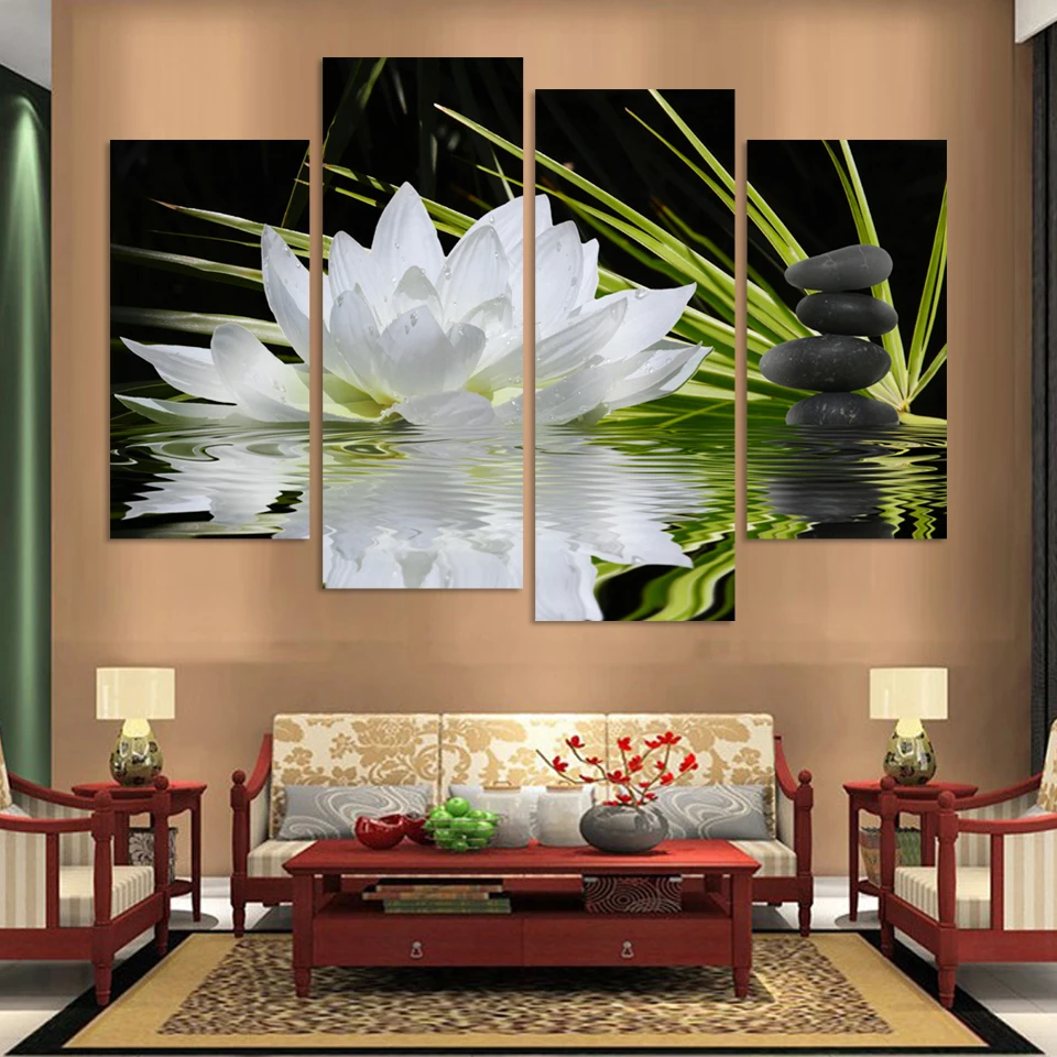 

4 Panel Beautiful flowers printed on canvas for living room black background,4 panels home decor wall art oil painting no frame
