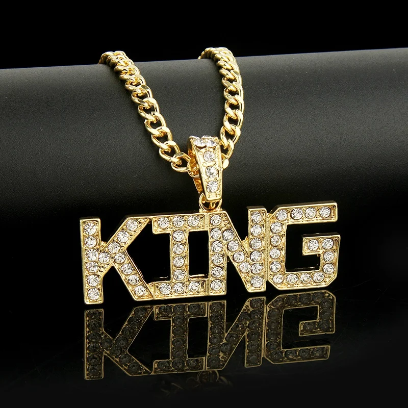 Хип Хоп Rap Charm письмо ожерелье полный стразы &quotКороль&quot Золотое подвесное