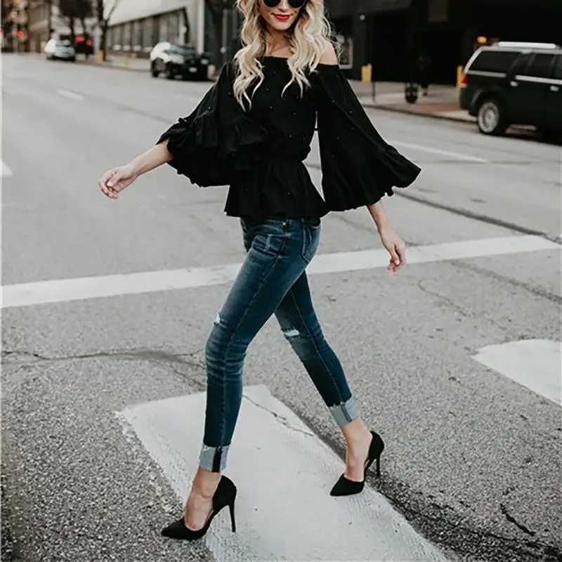 Summer Women Large Size Beaded Elastic Off-the-shoulder T-shirt Trumpet Sleeve Loose Slash Neck Casual | Женская одежда