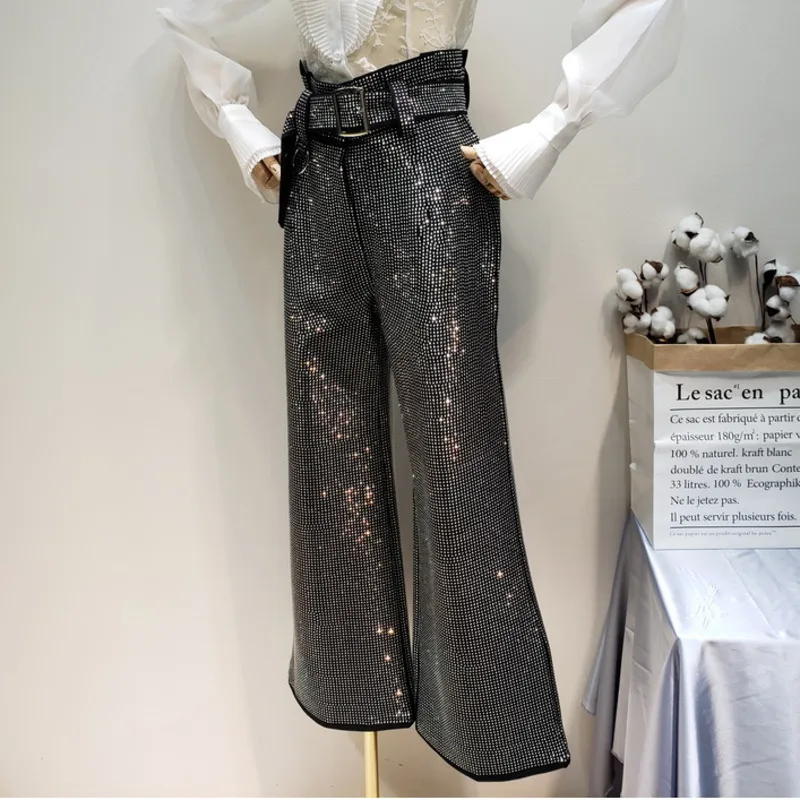 Брюки женские LANMREM черные свободные хлопковые брюки со стразами и высокой талией
