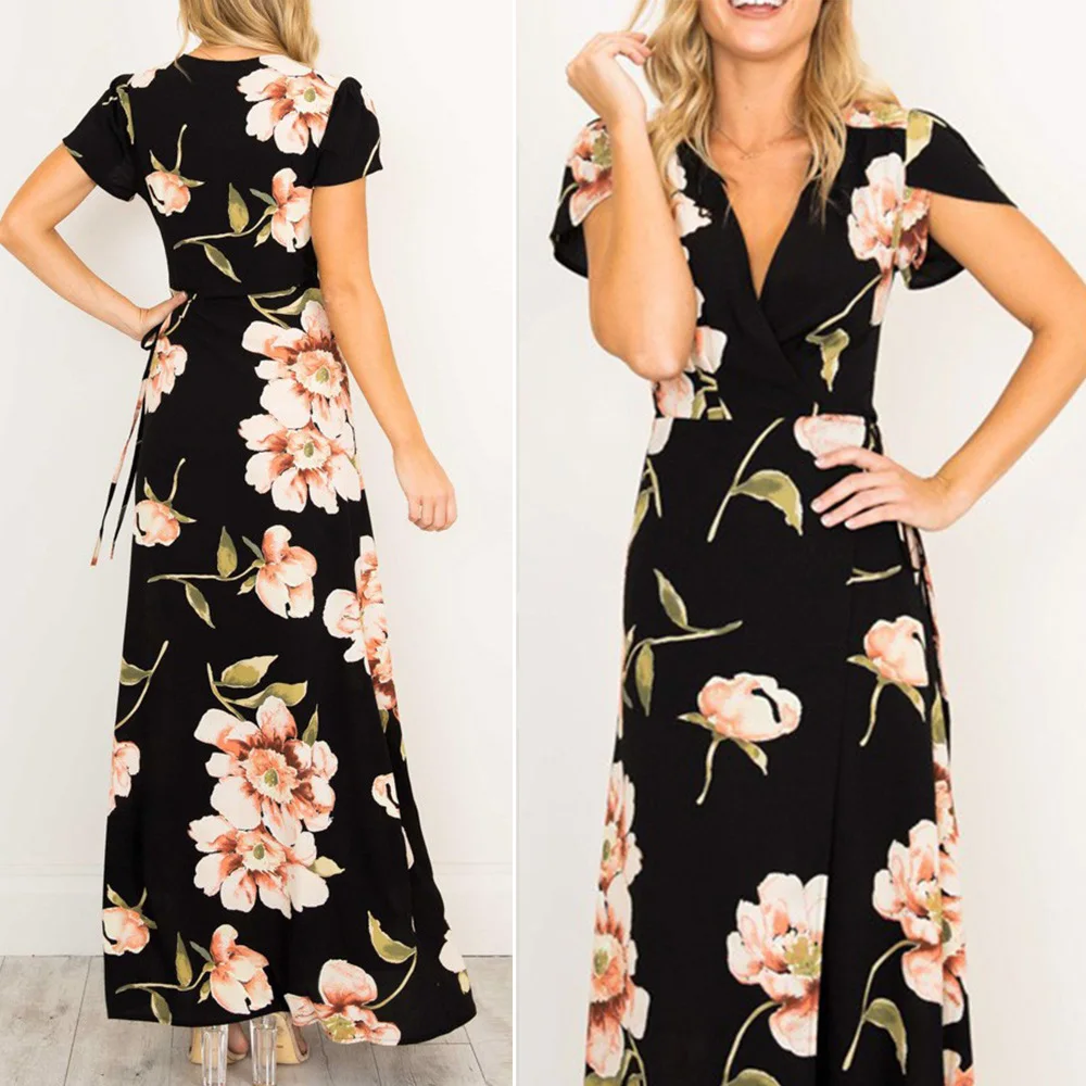 2019 летнее женское платье в стиле бохо с v образным вырезом и цветочным рисунком