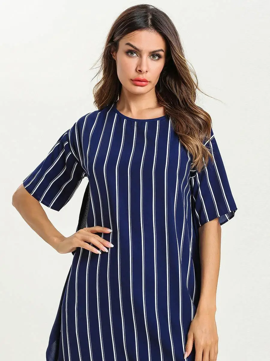 Женское длинное платье в полоску мусульманское с коротким рукавом свободное