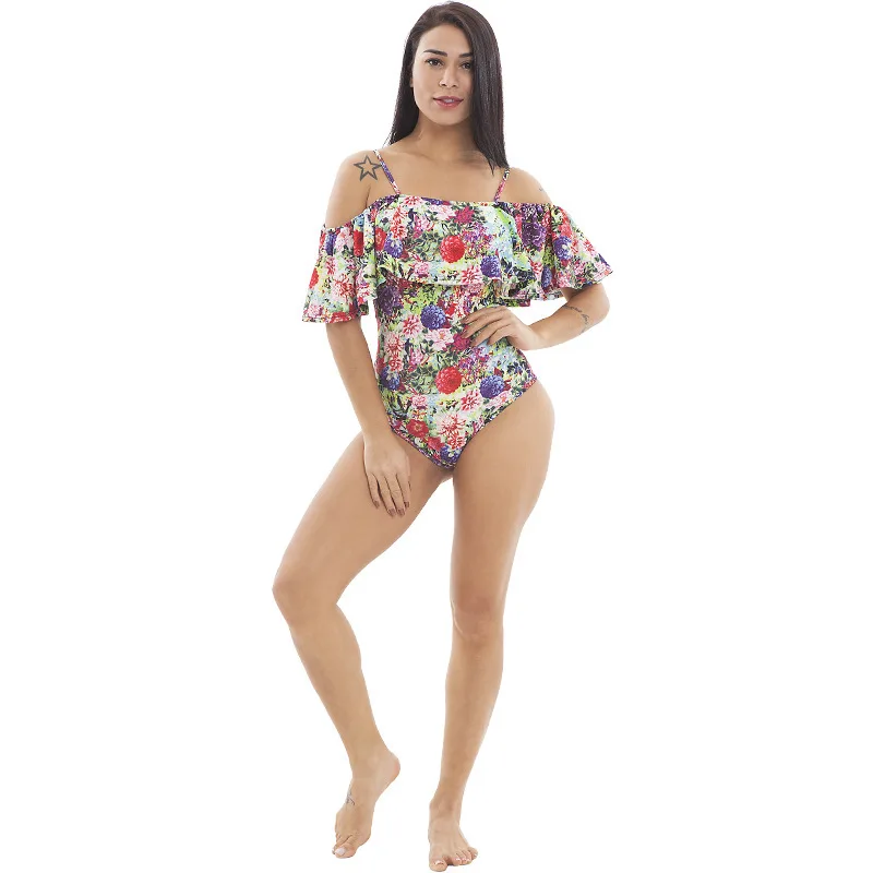 VITIANA Women Summer Beach Bodysuit 2019 Female Print Ruffles Vintage Backless Bodysuits Ladies Off Shoulder Sexy Swimsuit|Боди| |