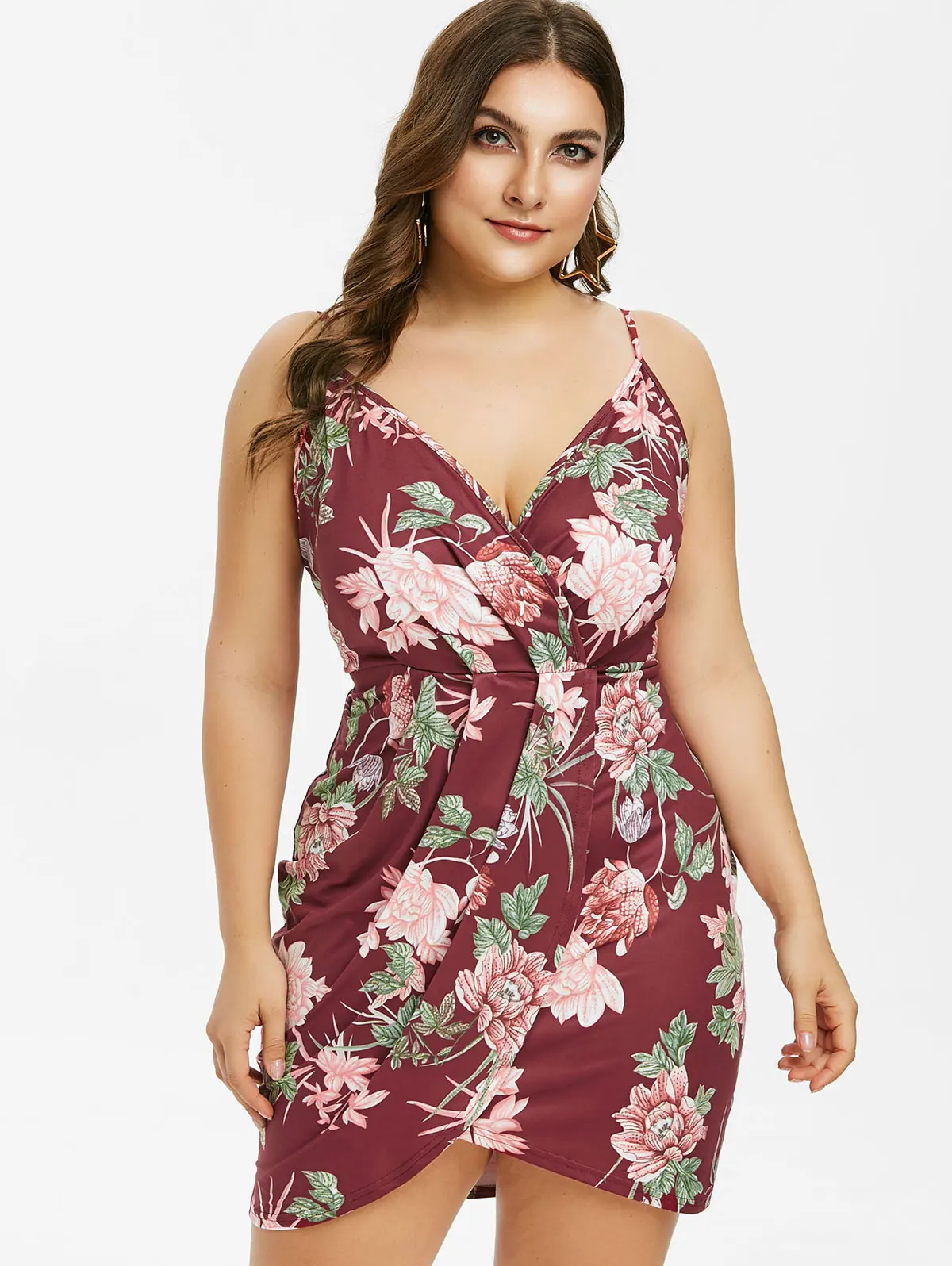Wipalo Women Plus Size Floral Print Mini Bodycon Dress Sexy Plunging Neck Spaghetti Strap Split Sundress Casual Summer Vestidos|Женские