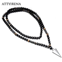 new design long necklac 8mm tiger stone bead black mens hematite triangle pendants necklace geometry gothic vintage jewelry