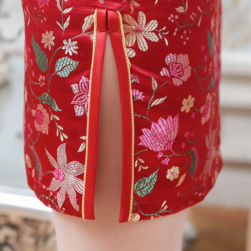 Красные мини шелковые платья Qipao Китайский короткий Улучшенный чёнсам цветок