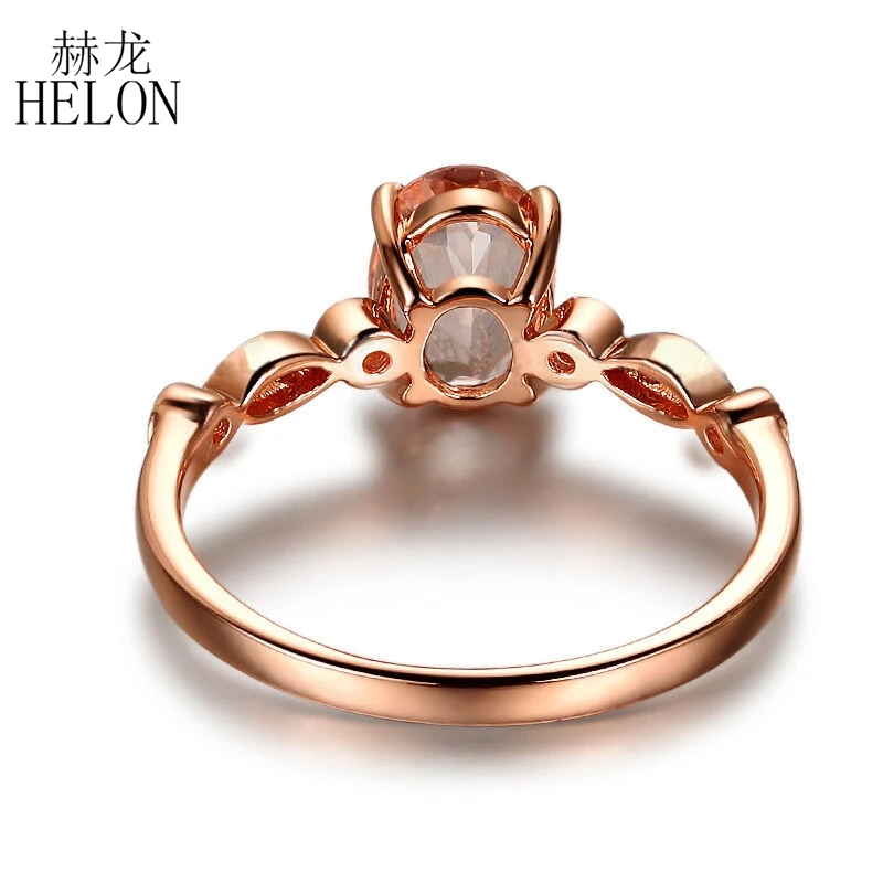 

HELON Solid 14K Rose Gold 6x8mm Oval Cut Morganite Engagement Diamonds Ring Women Wedding Antique Art Deco Trendy Fine Jewelry