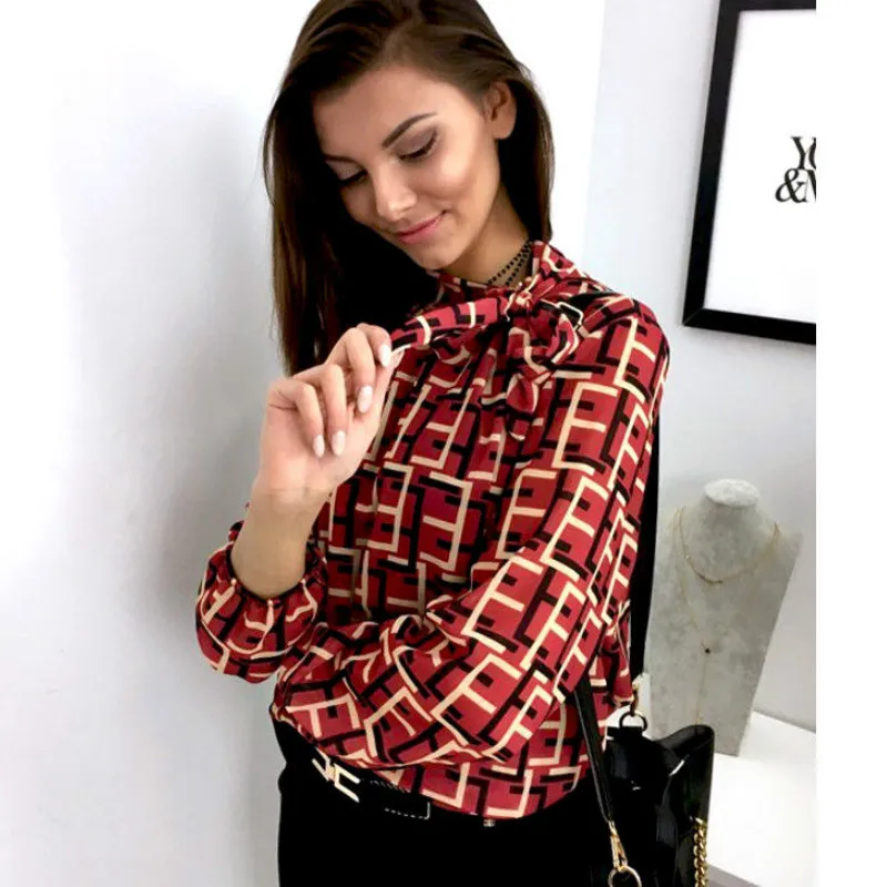 Fashion Women Print OL Blouse Tops Ladies Long Sleeve Lace-up Loose Casual |