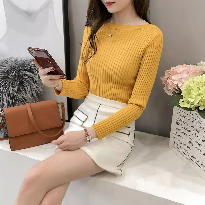 Spring new women's sweater fashion regular pullover tight-fitting slim knit female models one-shoulder bottom coat women | Женская