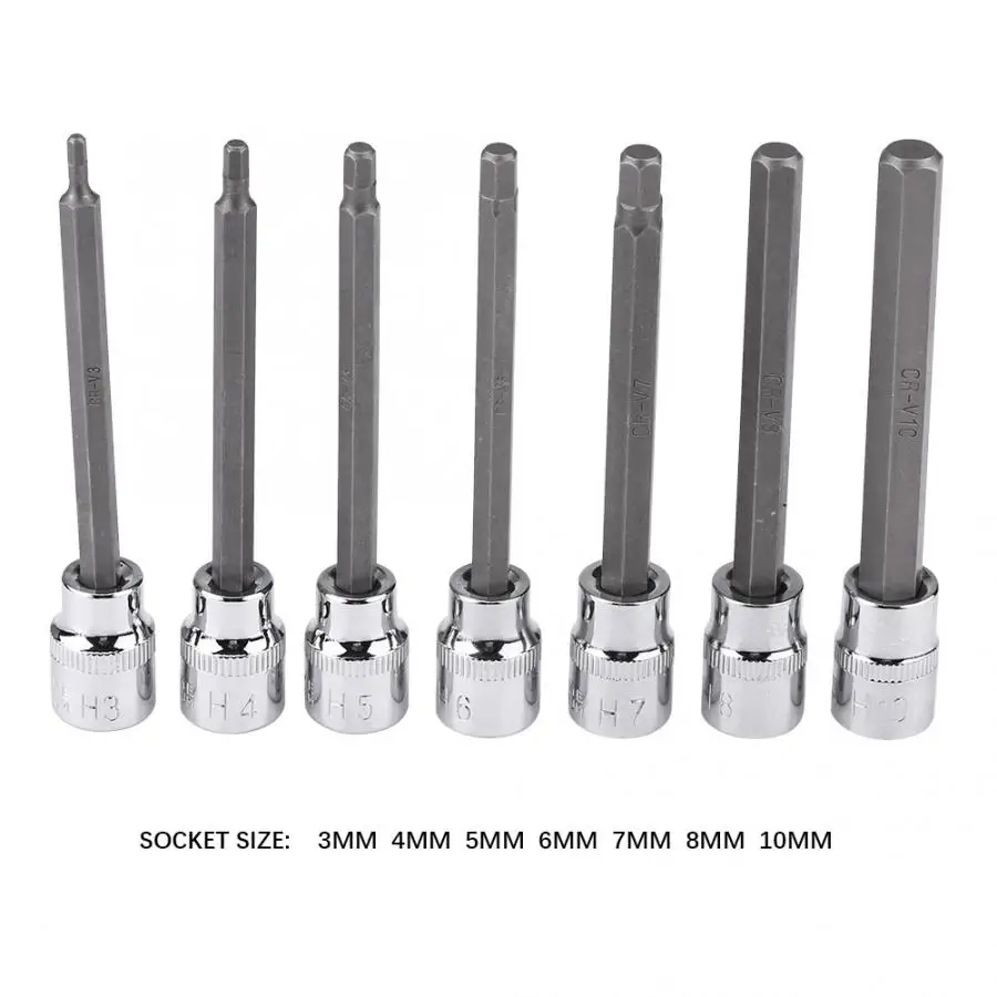 7Pcs Extra Long Hex Bit Socket Set 3/4/5/6/7/8/10 mm Drive Repair Tool Kit Chrome Vanadium Steel Car Tools |
