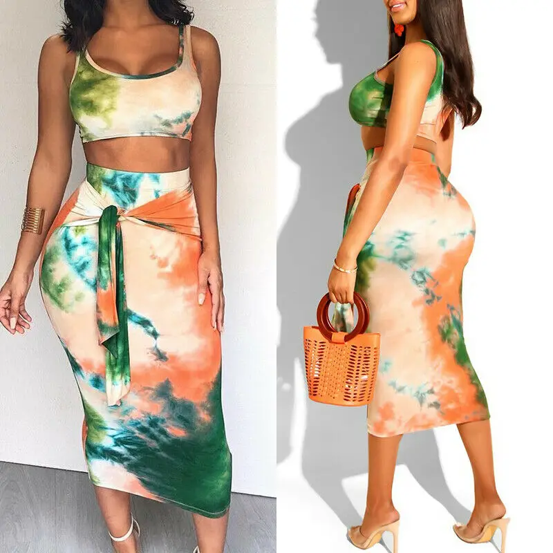 

2019 Sexy Two Pieces Set For Women Two-Piece Suit Bodycon Bandage Skirts + Crop Top Women's Set Summer Suit Outfit Matching Set