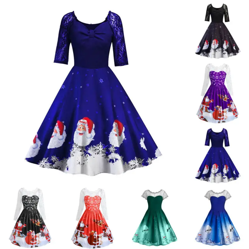 Sleeve Swing Christmas Lace Print Dress Back V-neck Vintage Ladies Tree Snowflake | Женская одежда