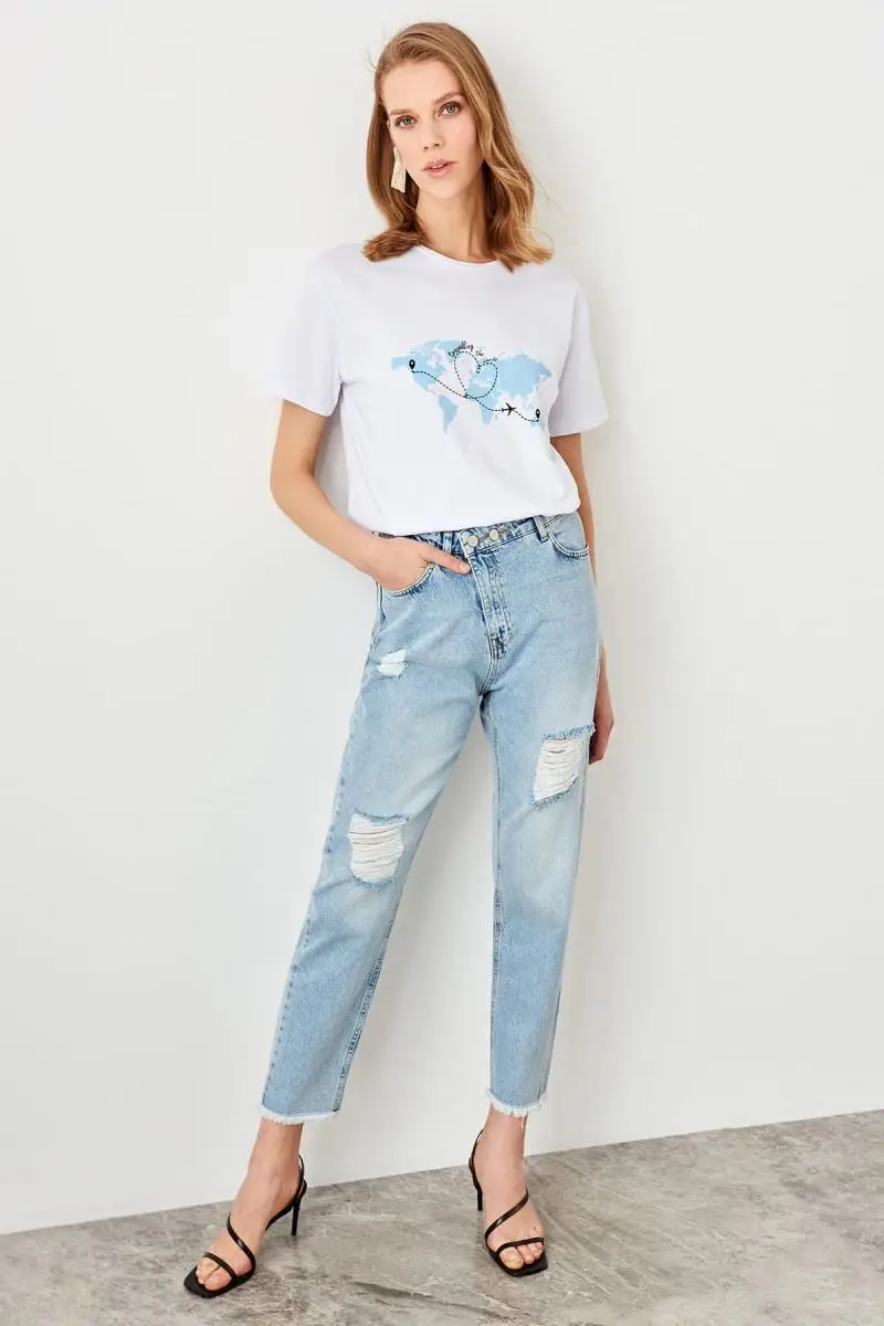 Trendyol Mavi рваные джинсы с высокой посадкой Bel Mom TWOSS19NI0024| |