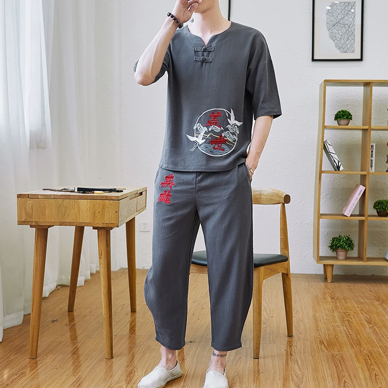 Модная уличная одежда Ropa De Hombre китайский стиль вышивка хлопок и лен комплект