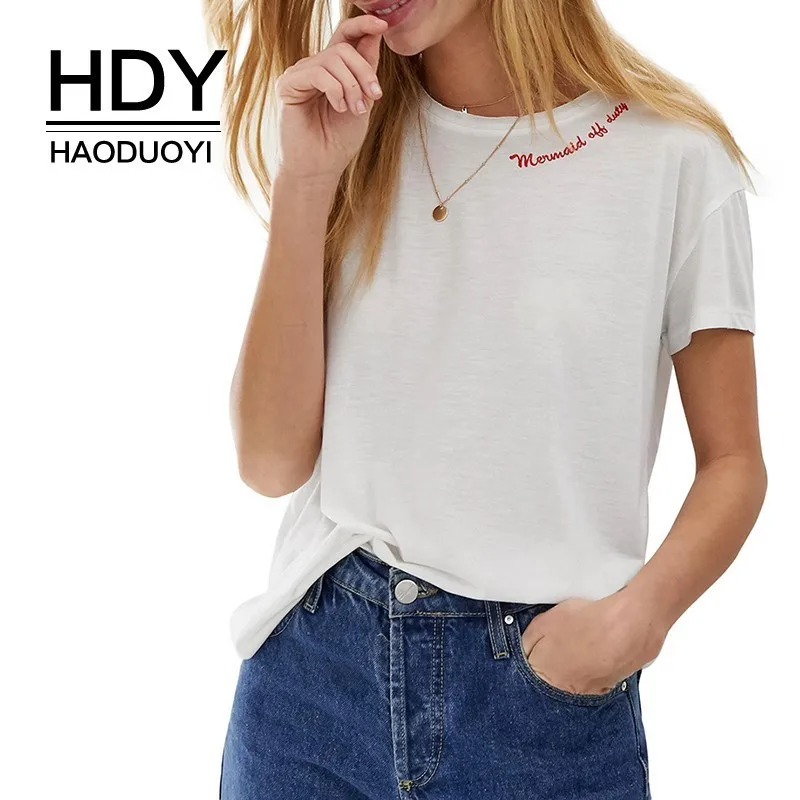Белая футболка с коротким рукавом HDY Haoduoyi Хлопковая женская надписью и о вырезом
