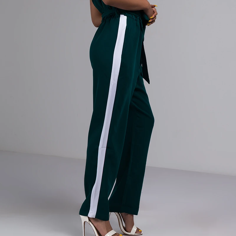 AKIRA Women's Cap Sleeve Deep V Slinky Contrast Stripe Self Tie Belt Waist Straight Leg Pant Jumpsuit |
