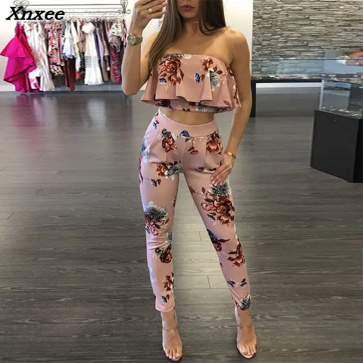 

Two Pieces set Sexy Off Shoulder Floral Print Jumpsuits Backless Womens Jumpsuit set Xnxee
